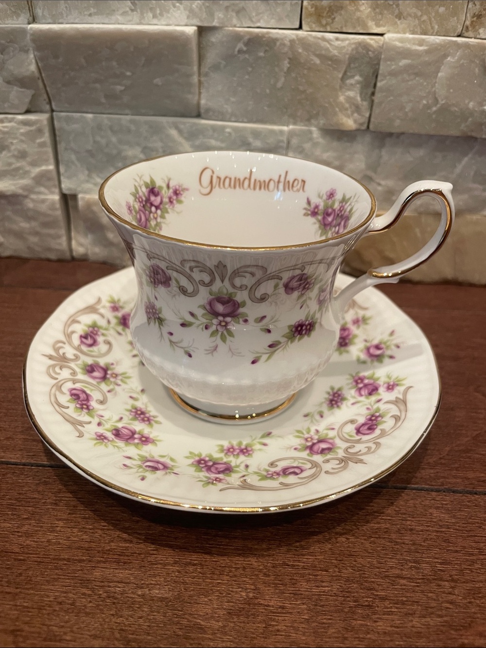 Grandmother Floral Porcelain Teacup & Saucer Set - Purple Rose Design